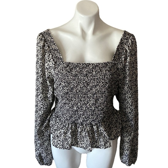 Japna Black and White Floral Smocked Square Neck Peasant Peplum Top Blouse - Picture 1 of 6